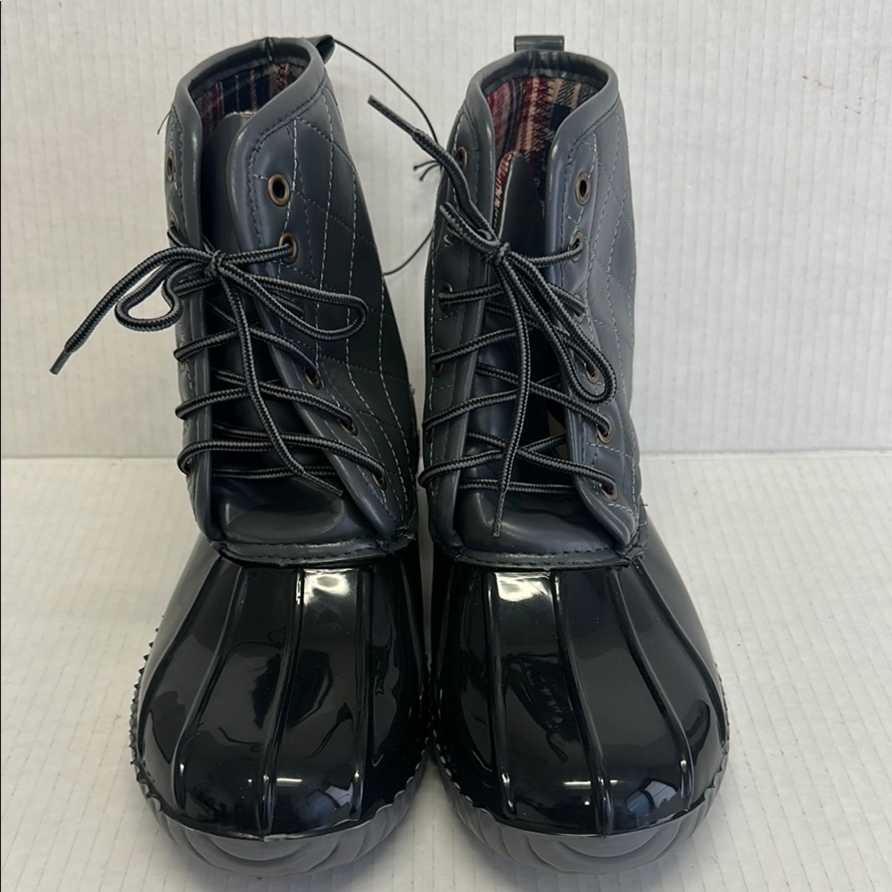 Black Quilted Duck Boots with Lace-Up Front